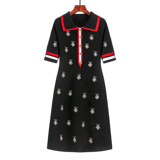 2024 Spring Summer Knit Cartoon Embroidered Polo Dress Woman plus Size Black Casual Knee-Length Straight Dresses Female